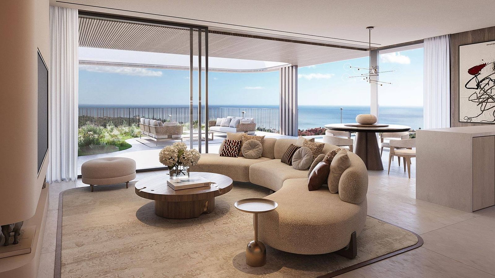 Luxe woonkamer met zeezicht in Nalu Suites